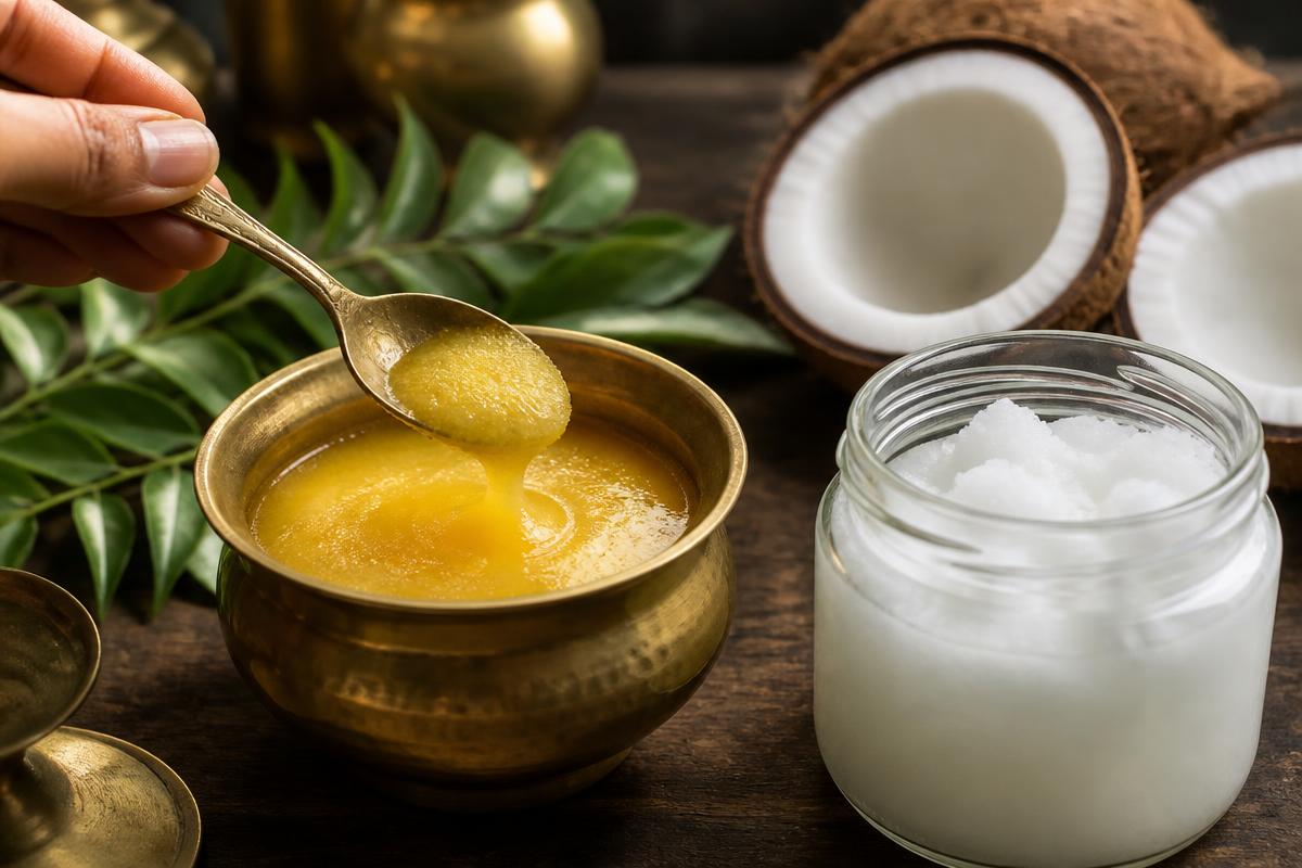Ghee in a brass bowl and cold-pressed coconut oil in a glass jar with fresh coconut