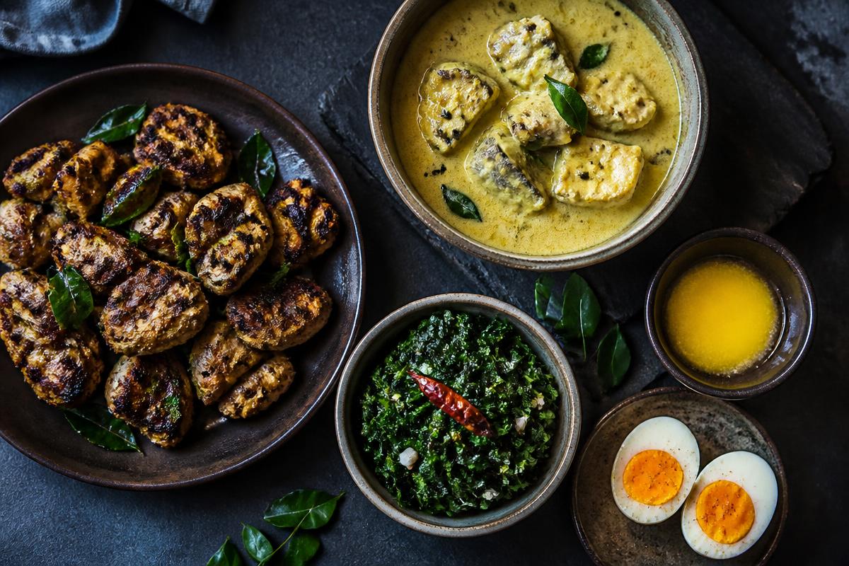 Home-cooked keto meal: grilled chicken, coconut fish curry, sautéed greens, boiled eggs and ghee
